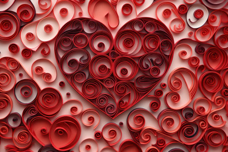 Quilling art red heart for Valentine's day with fully filled background. abstract background texture. Generative AIの素材