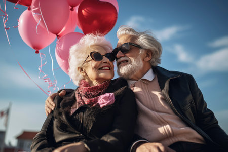 Portrait of romantic senior family. Valentine's day, couple of happy smiling mature people with gray hair in casual clothes outdoors.の素材