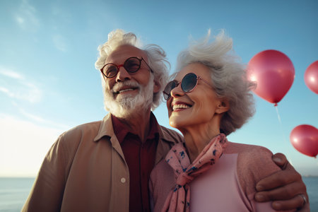 Portrait of romantic senior family. Valentine's day, couple of happy smiling mature people with gray hair in casual clothes outdoors.の素材