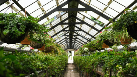 Greenhouse or glasshouse with many flower potted plants, also flower pots hanging from the ceilingの写真素材