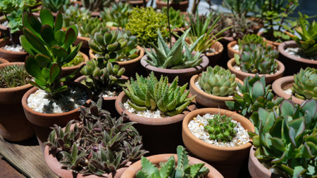 Variety of succulents in terracotta clay pots. Collection of potted plants. Sale of plants, seedlings for homeの写真素材