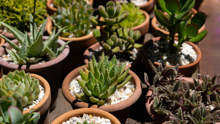Variety of succulents in terracotta clay pots. Collection of potted plants. Sale of plants, seedlings for homeの写真素材