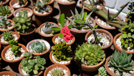 Variety of succulents in terracotta clay pots. Collection of potted plants. Sale of plants, seedlings for homeの写真素材