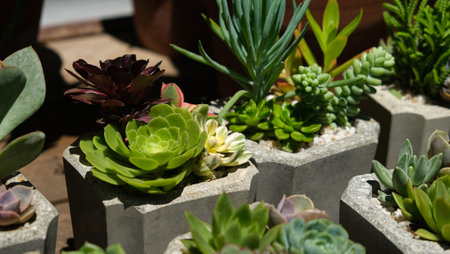 Variety of succulents in concrete pots. Collection of potted plants. Sale of plants, seedlings for homeの写真素材