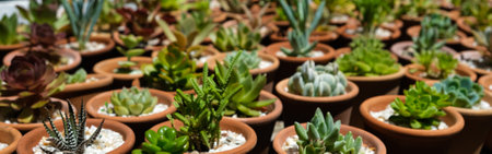 Variety of succulents in terracotta clay pots. Collection of potted plants. Sale of plants, seedlings for home. Bannerの写真素材