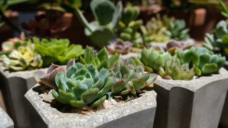 Crassulaceae, Variety of succulents in concrete pots. Collection of potted plants. Sale of plants, seedlings for homeの写真素材