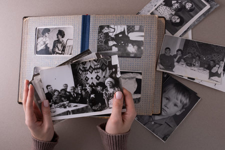BAKU, AZERBAIJAN-June 18, 2024. Printed vintage antique black and white retro photos. Memories and...