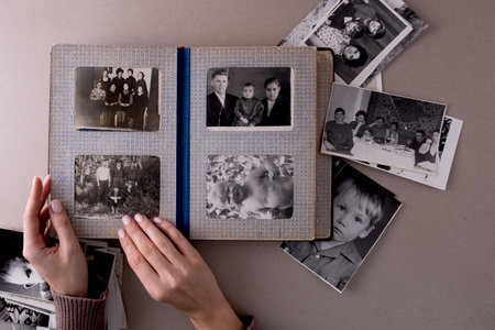 BAKU, AZERBAIJAN-June 18, 2024. Printed vintage antique black and white retro photos. Memories and nostalgiaのeditorial素材