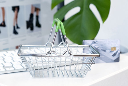 online shopping. Choosing clothes and shoes from home. Shopping from homeの写真素材