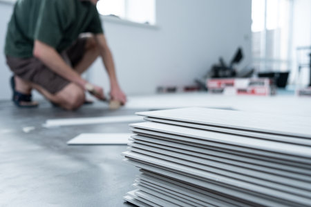 A man lays a quartz laminate on the floor. Renovation of premises. Installation of Modern flooringの写真素材