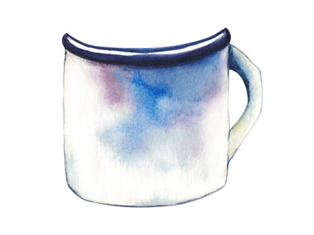 Enameled mug. Watercolor illustration on a white background. It can be used for greeting cards, posters, wedding cards.の写真素材