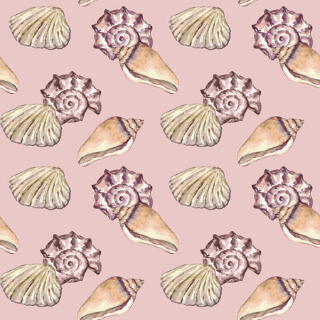 Watercolor sea shell seamless pattern. Hand drawn seashells texture vintage ocean background.の写真素材
