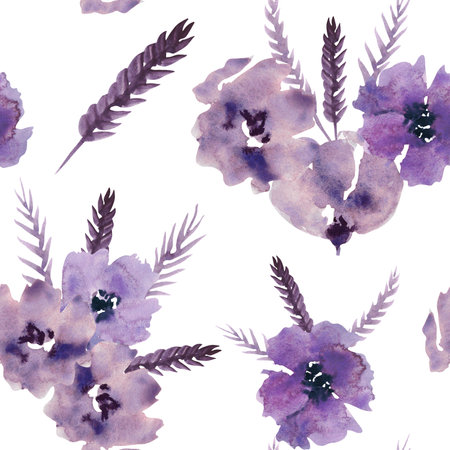 Watercolor purple flowers clipart. Floral clip art. Handmade illustration for greeting cards, wallpaper, stationery, fabric, wedding card. Flower pattern.の写真素材
