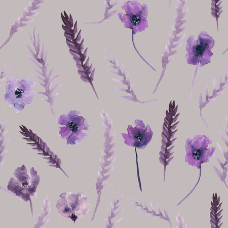 Watercolor purple flowers clipart. Floral clip art. Handmade illustration for greeting cards, wallpaper, stationery, fabric, wedding card. Flower pattern.の写真素材