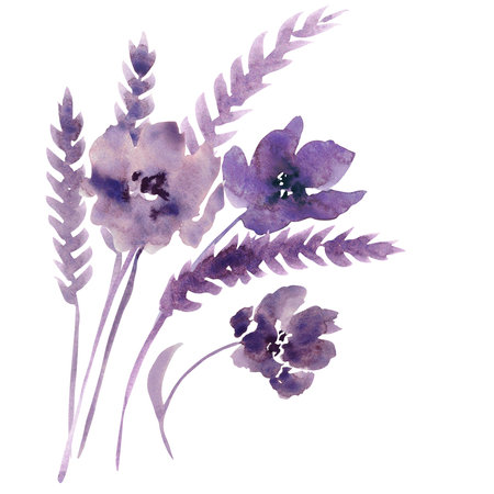 Watercolor purple flowers clipart. Floral clip art. Handmade illustration for greeting cards, wallpaper, stationery, fabric, wedding card. Flower frame.の写真素材