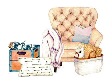 Watercolor illustration interior of living room with sofa, pillows, decor. Clipart. Home decor elements on a white background. Wicker basket. Toy lama. Armchair, furnitureの写真素材