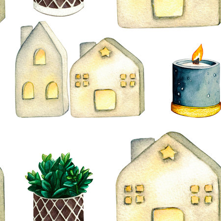 Pattern. Wax candlt, ceramic houses lanterns, home plant. Watercolor illustration interior of living room. Clipart. Home decor elements on a white background.の写真素材