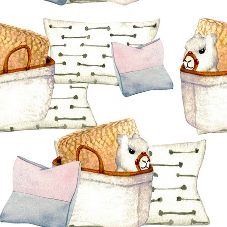 Pattern. Wicker basket, pillows, toy lama. Watercolor illustration interior of living room. Clipart. Home decor elements on a white background.の写真素材