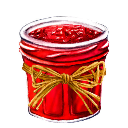 Watercolor jar with jelly isolated on white background. Hand drawn illustration. Clip art berry branches. Viva Magenta color.の写真素材