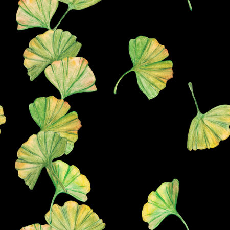 Seamless pattern ginkgo biloba green and yellow leaves, print botany foliage. Watercolor branches....
