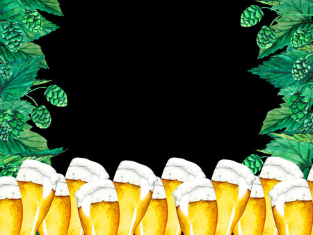 Fresh green hop and beer. Watercolor frame for Octoberfest. Sketch on on a black background for ornament or any designの写真素材