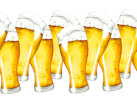 Seamless border beers. Watercolor illustration for Octoberfest. Sketch on on a transparent background for ornament or any designの写真素材