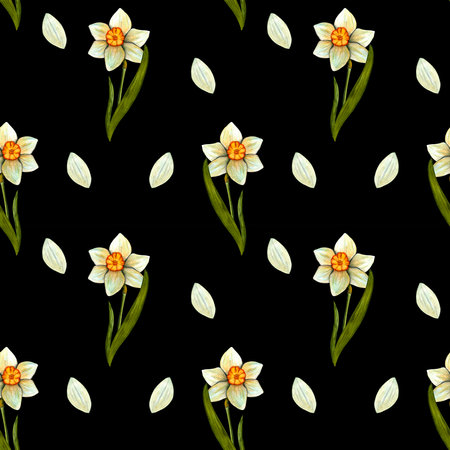 Seamless pattern. Spring watercolor daffodils. Flowers with stem and leaf. Spring botanical printの写真素材