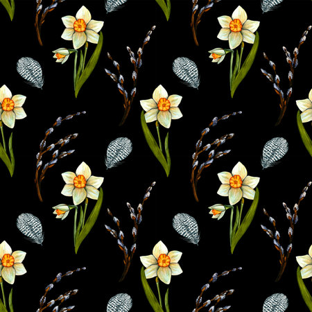 Seamless pattern. Spring watercolor flowers daffodils, branches willow and feather. Spring botanical printの写真素材