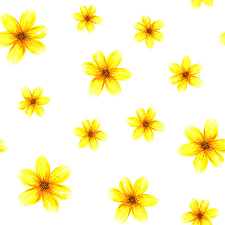 Seamless pattern with flowers. Watercolor abstract bright summer yellow flowers. Isolated objects on white backgroundの写真素材