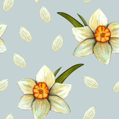 Seamless pattern with watercolor daffodils. Flowers with stem and leaf. Spring botanical printの写真素材