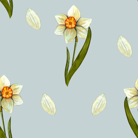 Seamless pattern. Spring watercolor daffodils. Flowers with stem and leaf. Spring botanical printの写真素材
