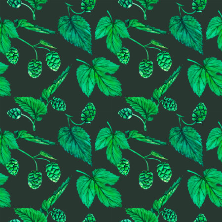 Fresh green hop seamless pattern. Watercolor hand drawn illustration for Octoberfest. Sketch on on a...