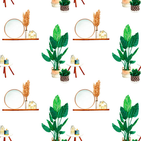 Watercolor seamless pattern with home plant, wax candlt, ceramic houses lanterns, mirror, shelf, vase with dried flowers, coffee table. Illustration interior of living room on a white backgroundの写真素材