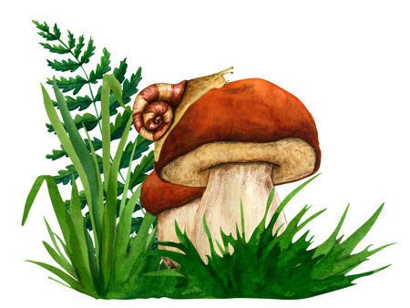 Watercolor hand drawn wild forest mushrooms porcini. Nature forest lawn scene. Wild fern landscape element. Isolated eco natural food vegetables illustration on white backgroundの写真素材