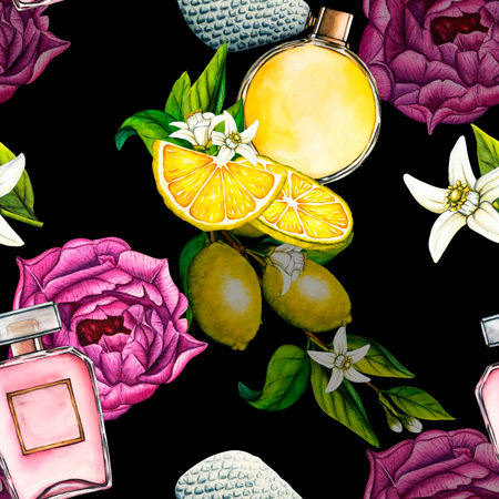 Watercolor seamless pattern lemon white flowers, tree branch, slice and floral perfume bottle with violet tulips, pink peony. Hand drawn botanical illustration of yellow citrus fruits, aroma sprayの写真素材