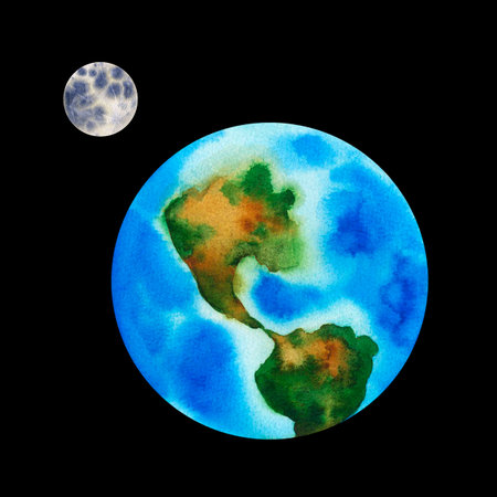 Earth and moon. Planets of our solar system isolated on transparent background. Watercolor...