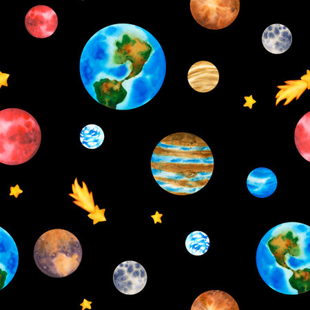 Seamless pattern galaxy with planets. Clip art solar system: sun, earth, moon, mercury, asteroid, jupiter, mars, saturn, venus, uranus, in space. Watercolor Illustration of outer space with starsの写真素材