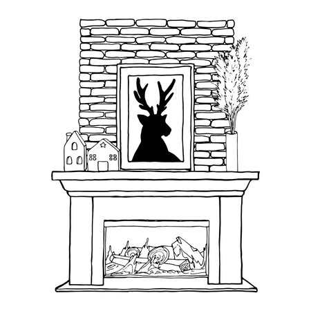 Vector illustration interior of living room with fireplace, painting with a deer, firewood, ceramic flashlight, candlestick house. A simple line hand drawing. Black contour linear silhouetteのイラスト素材
