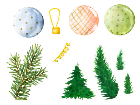 Set of fir branches and Christmas tree decorations. Glass round Christmas balls with sparkles. Winter holiday watercolor illustration. Xmas and New Year green conifer plant elements isolatedの写真素材