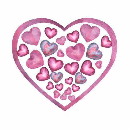 Frame made of simple vector watercolor lilac hearts for Happy Valentines Day card or t-shirt design. Romance, relationship and love. Heart illustration. Hand drawn styleのイラスト素材