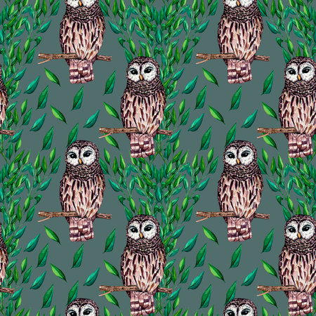 Watercolor seamless pattern owl and branch with green leaves isolated on white background. Woodland nature illustration for kids design, postcards, poster and print. Clip art for nursery design.の写真素材