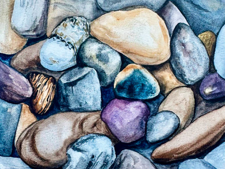 Sea stones watercolor illustration. Hand drawn pebbles. Landscape beach. Background SPA conceptの写真素材
