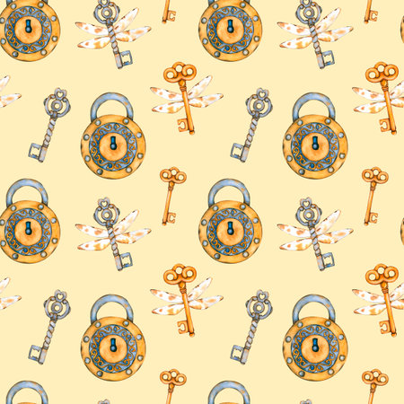 Watercolor seamless pattern with flying keys and an old lock. Vintage background with old-fashioned items. Hand-drawn wallpapers for textile, scrapbooking paper, stationery designの写真素材