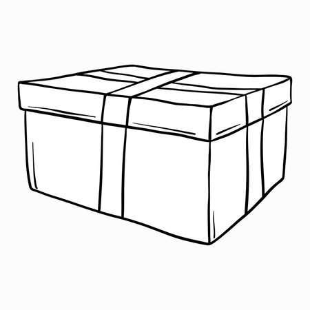 Vector Gift box. Christmas black and white Box with a gift, illustration painted by black ink. Hand drawn sketch in line art style. Graphic Outline packed festive presents for decoration greeting cardのイラスト素材
