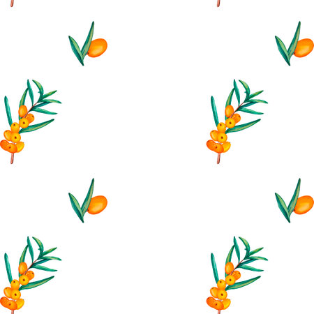 Seamless pattern of sea buckthorn branches. Watercolor seamless pattern of ripe orange berries and leaves. Wallpaper illustration for wrapping paper, weaving or product labelsの写真素材