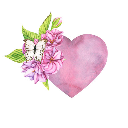 Watercolor illustration heart with flowers and white butterfly. Hand Drawn Floral drawing, romantic symbol for Woman day and Mothers Day. Floral love decoration for Valentines Dayの写真素材
