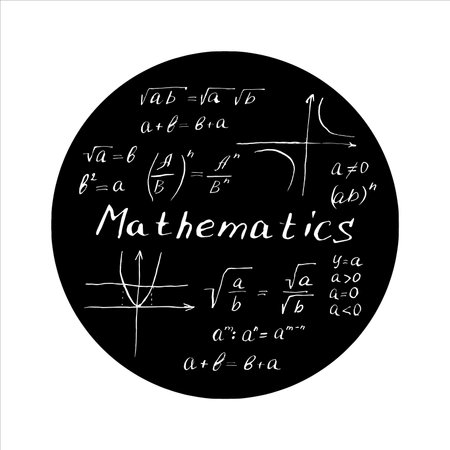 Mathematical formulas and graphs in a black circle. Hand drawn black ink vector illustrations. Mathematical equations written on a chalkboard in black and white style. Hand writing algebraic equationsのイラスト素材
