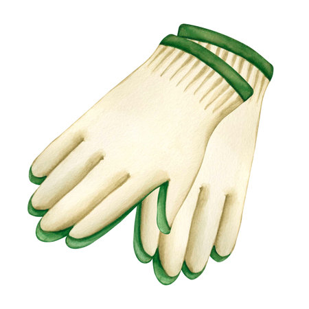 A pair Gardening gloves. Watercolor Hand drawn Illustration of gloves for caring for plants and...