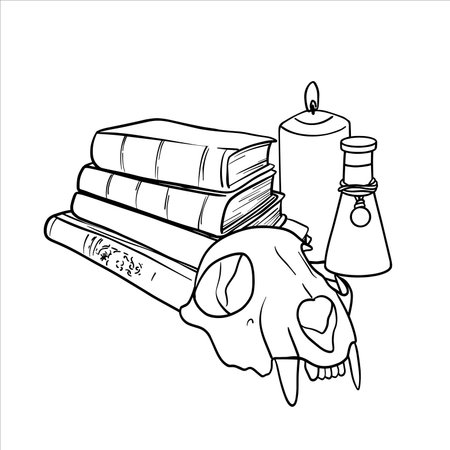Contour illustration of a stack of books with Skull with Candle. Line drawing for Halloween. Hand drawn vector illustration in gothic themes. Bones painted by black inks. Books and skull sketchのイラスト素材