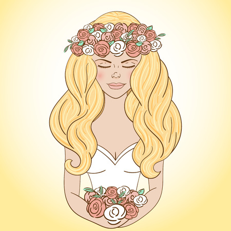 Young bride with blonde hairs and floral wreath crown. Young beautiful woman with flowers. Bridal illustration.のイラスト素材